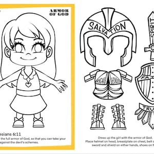 May include: A black and white coloring page featuring a girl with outstretched arms and a set of armor pieces to color. The armor pieces include a helmet, breastplate, shield, sword, and shoes. The text "Armor of God" is at the top of the page. The text "Ephesians 6:11" is at the bottom of the page, along with the text "Put on the full armor of God, so that you can take your stand against the devil's schemes."
