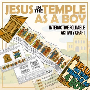 May include: An interactive foldable activity craft titled "Jesus in the Temple as a Boy." The design features illustrations of biblical scenes, text, and instructions. The color palette includes shades of brown, blue, and orange.
