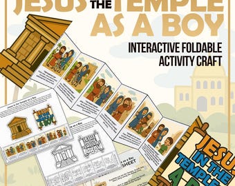 Op de afbeelding: Een interactief, opvouwbaar activiteitscraft met de titel "Jezus in de tempel als jongen". Het ontwerp bevat illustraties van bijbelse scènes, tekst en instructies. Het kleurenpalet omvat tinten bruin, blauw en oranje.