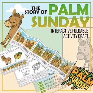 Puede incluir: Una manualidad de actividad plegable e interactiva titulada "La historia del Domingo de Ramos". El diseño presenta ilustraciones de un burro, personas y palmeras. La paleta de colores incluye verde, azul y marrón, con las palabras "Palm Sunday" en un lugar destacado.