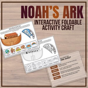 May include: A printable craft activity for children featuring Noah's Ark. The craft includes a foldable ark, a story sign, and a story strip. The instructions are included on a separate sheet. The craft is designed to be interactive and educational.