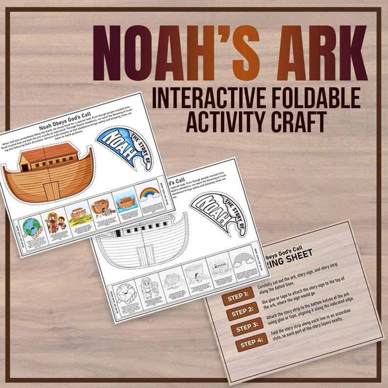 May include: A printable craft activity for children featuring Noah's Ark. The craft includes a foldable ark, a story sign, and a story strip. The instructions are included on a separate sheet. The craft is designed to be interactive and educational.