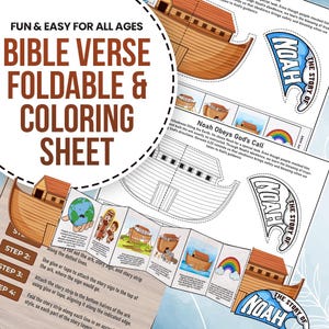 May include: A printable colouring sheet and foldable craft for children featuring the story of Noah's Ark. The sheet includes a colourful illustration of Noah's Ark, a rainbow, and the text "The Story of Noah".