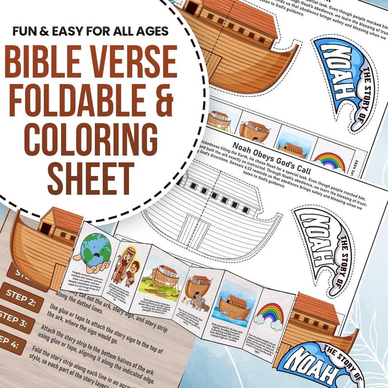 May include: A printable colouring sheet and foldable craft for children featuring the story of Noah's Ark. The sheet includes a colourful illustration of Noah's Ark, a rainbow, and the text "The Story of Noah".