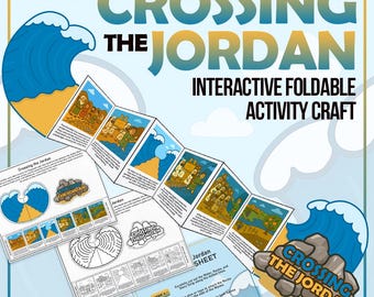 Può includere: Un'attività artigianale pieghevole interattiva intitolata "Crossing the Jordan". Il design presenta illustrazioni di persone, onde e il testo "Crossing the Jordan". La tavolozza dei colori include blu, giallo e marrone, con istruzioni passo passo.