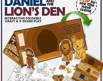 May include: An interactive foldable craft and 3-scene play set titled "The Story of Daniel and the Lion's Den." The set includes a brown cardboard lion's den, paper cutouts of Daniel and lions, and additional illustrated scenes. The text "FLIP to see the next scene" is also visible.