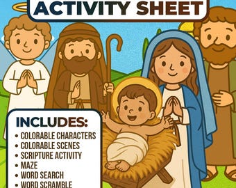 May include: An activity sheet titled "The Shepherds Visit Jesus" with cartoon illustrations of biblical figures. The sheet includes colorable characters and scenes, a maze, word search, word scramble, and tic-tac-toe.