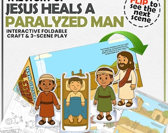 May include: An interactive foldable craft and 3-scene play set titled "The Story of Jesus Heals a Paralyzed Man." The set features illustrated characters, including Jesus, and a man on a bed. The design includes the text "Flip to see the next scene."