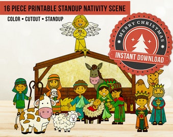 Nativity Scene Printable Nativity Cutout// DIY Printable Cutout & Standup Nativity Scene// Colorable Manger Scene // Christmas Paper Dolls