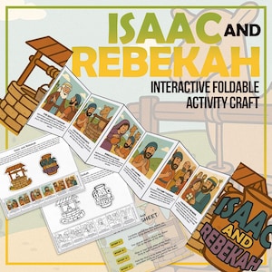 May include: An interactive foldable activity craft titled "Isaac and Rebekah." The design features illustrations of biblical scenes, including a well and characters. The color palette includes shades of brown, green, and yellow.