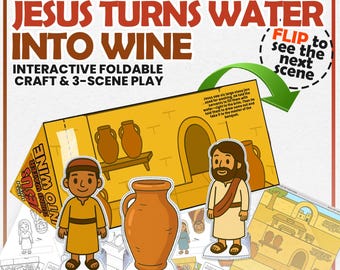 May include: An interactive foldable craft and 3-scene play set titled "The Story of Jesus Turns Water Into Wine." The set includes illustrated figures, a large jug, and a scene with text. The color palette is primarily yellow, brown, and white.
