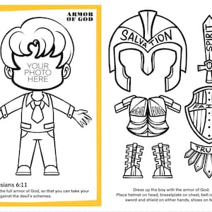 May include: Black and white printable coloring page featuring a boy wearing the armor of God. The armor includes a helmet, breastplate, belt, sword, shield, and shoes. The text "Ephesians 6:11" and a Bible verse are included.