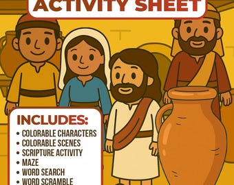 Puede incluir: Una hoja de actividades titulada "The Story of Jesus Turns Water into Wine". La imagen presenta ilustraciones de dibujos animados de Jesús y otros personajes, además de una jarra grande. La hoja incluye personajes para colorear, escenas, actividad de escritura, un laberinto, búsqueda de palabras, un revoltijo de palabras y tic-tac-toe.