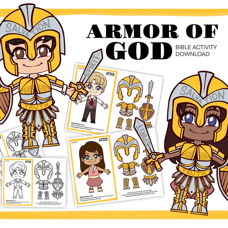 May include: A printable Bible activity for kids featuring a cartoon illustration of a child wearing armor of God. The armor includes helmet, breastplate, shield, belt, and sword. The text "Armor of God" and "Bible Activity Download" is included in the image.