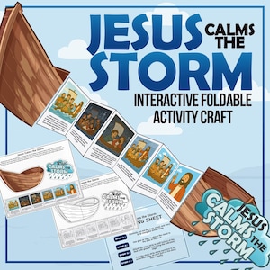 May include: A printable craft activity for kids featuring a colorful illustration of Jesus calming the storm. The craft includes a foldable sheet with instructions and a cut-out boat with a cloud and raindrops. The title "Jesus Calms the Storm" is displayed in bold letters.