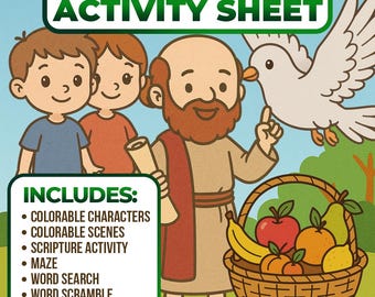 Op de afbeelding: Een kleurrijk activiteitenblad getiteld "The Fruit of the Spirit" met cartoon illustraties. Het bevat een man met een baard, twee kinderen, een duif en een fruitmand. Het blad bevat kleurplaten, scènes, een schriftactiviteit, een doolhof, een woordzoeker, een woordpuzzel en boter-kaas-en-eieren.