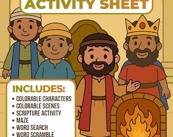 May include: An activity sheet titled "The Story of the Fiery Furnace" features cartoon illustrations of biblical figures and a fiery furnace. The sheet includes colorable characters and scenes, a maze, word search, word scramble, and tic-tac-toe.