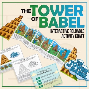 May include: An interactive foldable activity craft titled "The Tower of Babel." The image features a multi-panel story strip, coloring sheets, and a detailed illustration of the tower. The text includes "Interactive Foldable Activity Craft" and "Joseph's Dreams and Coat of Many Colors Coloring Sheet."