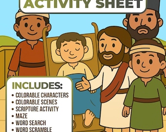 May include: An activity sheet titled "The Story of Jesus Heals a Paralyzed Man." The image features cartoon illustrations of Jesus, a man in a bed, and other figures. The sheet includes colorable characters, scenes, scripture activity, a maze, word search, word scramble, and tic-tac-toe.