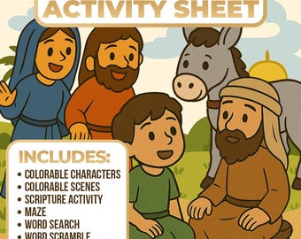 May include: A colorful activity sheet titled "Jesus in the Temple as a Boy." The illustration features cartoon figures of Jesus, Mary, Joseph, and a donkey. The sheet includes colorable characters and scenes, a scripture activity, a maze, word search, word scramble, and tic-tac-toe.