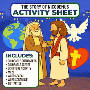 Nicodemus Activity Sheet – Instant download, great craft for Christian kids, Sunday school placemat, bible studies, and VBS