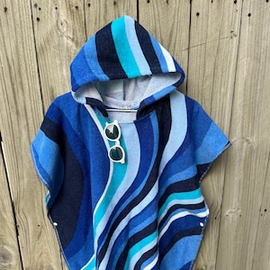 Kids Beach/Surf Hooded Cotton Towel Poncho/Blue Swirls/Side Snaps Standard
