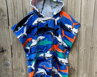 Kids Cotton Beach Towel Poncho: Orange Sharks, Blue Surf Swim Cover-Up