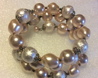 Pinks and Off White Faux Pearl Bracelet