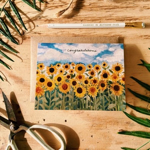 Congratulations Happy Sunflower Field Painted Handmade Greeting Card image 2