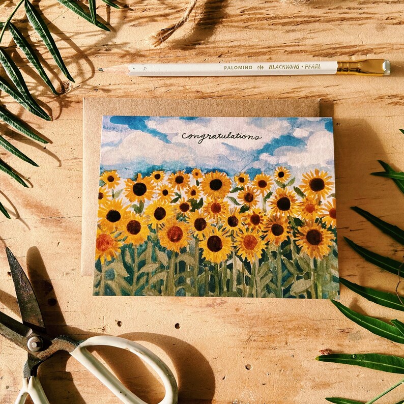Congratulations Happy Sunflower Field Painted Handmade Greeting Card image 2