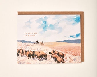 Together Forever Bison Western Prairie Landscape Rancher Handmade Painted Greeting Card