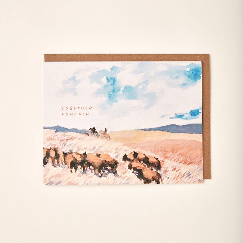 Together Forever Bison Western Prairie Landscape Rancher Handmade Painted Greeting Card image 1