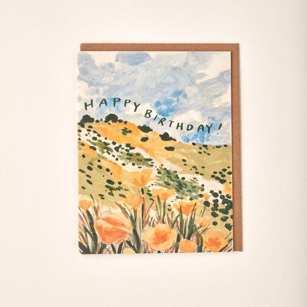 California Golden Poppy Happy Birthday Handmade Painted Greeting Card