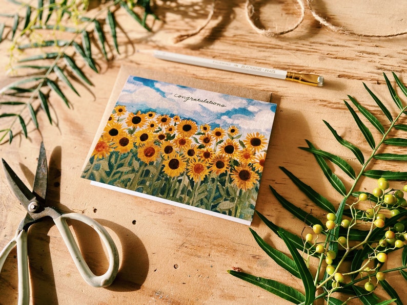 Congratulations Happy Sunflower Field Painted Handmade Greeting Card image 4