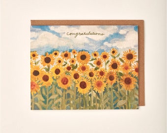 Congratulations Happy Sunflower Field Painted Handmade Greeting Card