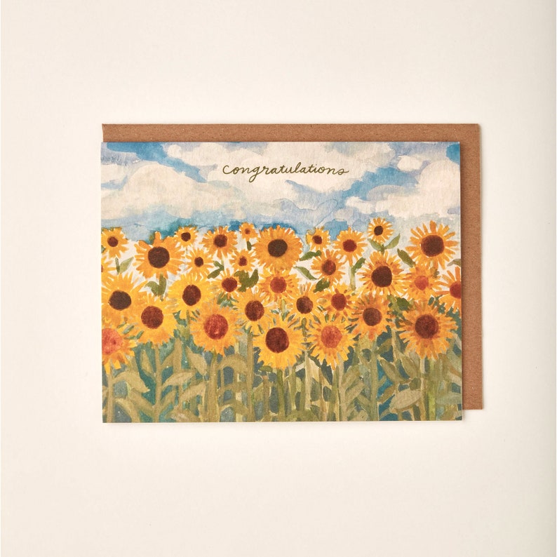 Congratulations Happy Sunflower Field Painted Handmade Greeting Card image 1