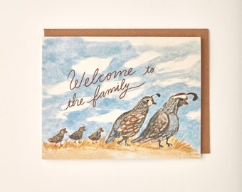 Joli bébé caille oiseau famille d'animaux attendant peint à la main Carte de vœux