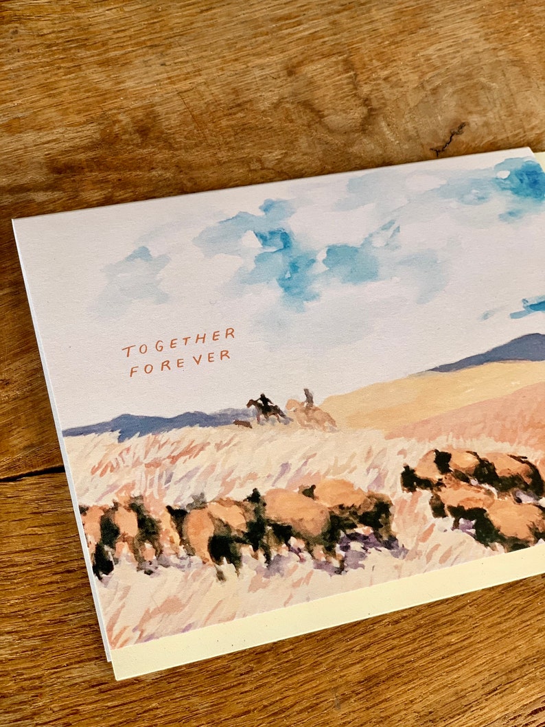 Together Forever Bison Western Prairie Landscape Rancher Handmade Painted Greeting Card image 6
