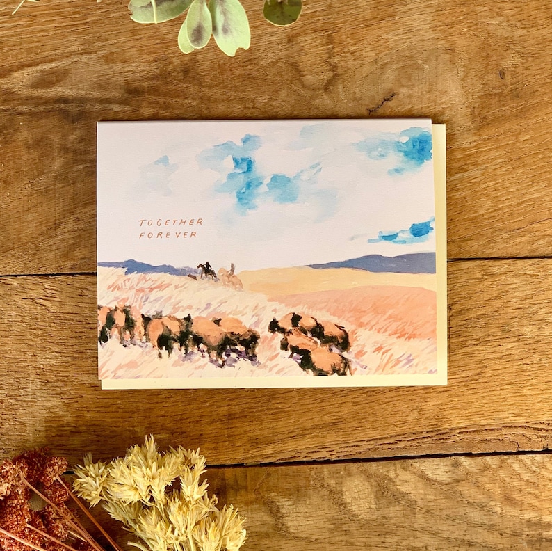 Together Forever Bison Western Prairie Landscape Rancher Handmade Painted Greeting Card image 4