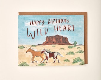 Happy Birthday Wild Heart Horse Western Desert Painting Handmade Greeting Card