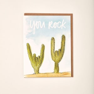 You Rock Cactus Desert Divertida Acuarela Juguetona Tarjeta de Felicitación Hecha a Mano