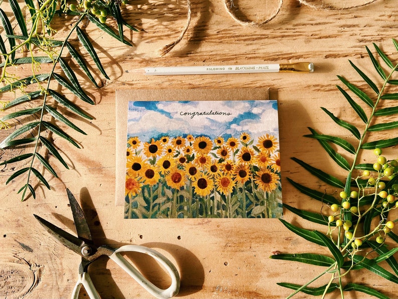 Congratulations Happy Sunflower Field Painted Handmade Greeting Card image 3