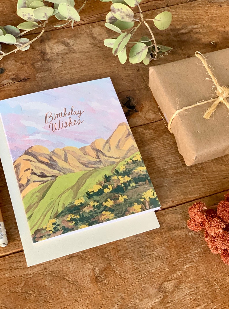 Happy Birthday Mountain For Him Nature Landscape Handmade Painted Greeting Card image 3