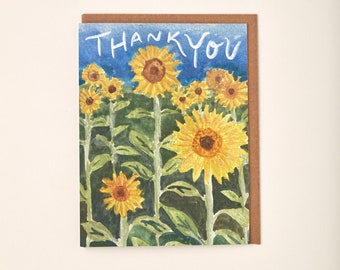 Thank You Sunflower 90's Nostalgic Heartland Middle America Farm Summer Handmade Painting Eco Friendly Greeting Card