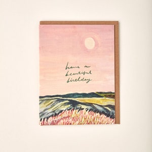 Carte de voeux faite main avec ciel rose, coucher de soleil, nature
