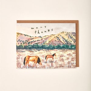 Carte de voeux, grand merci, chevaux, pâture occidentale, aquarelle
