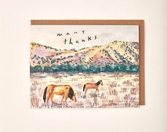 Many Thanks Horses Western Pasture Watercolor Painting Greeting Card