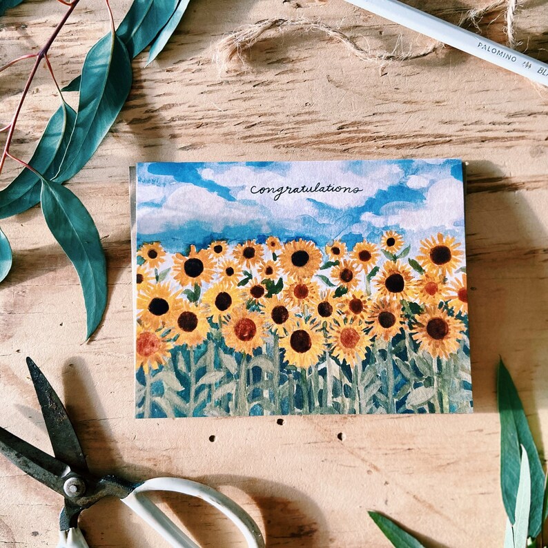 Congratulations Happy Sunflower Field Painted Handmade Greeting Card image 6