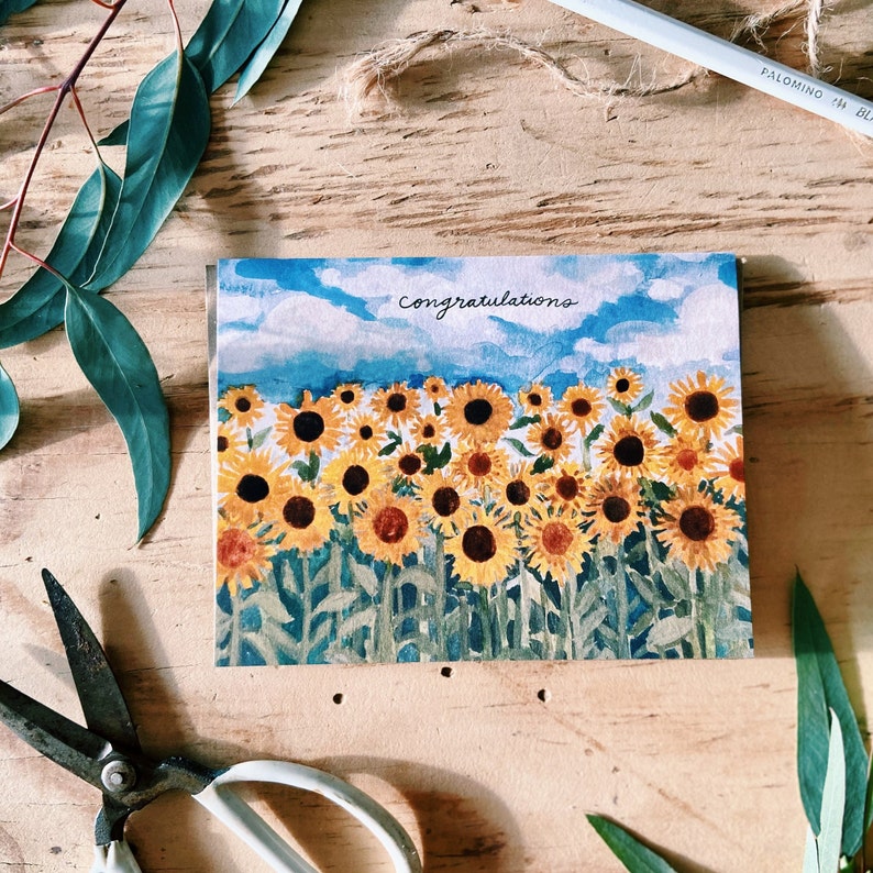 Congratulations Happy Sunflower Field Painted Handmade Greeting Card - Etsy