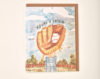 You're A Catch Baseball Sandlot All American Romance Love Card Handmade Painted Greeting Card